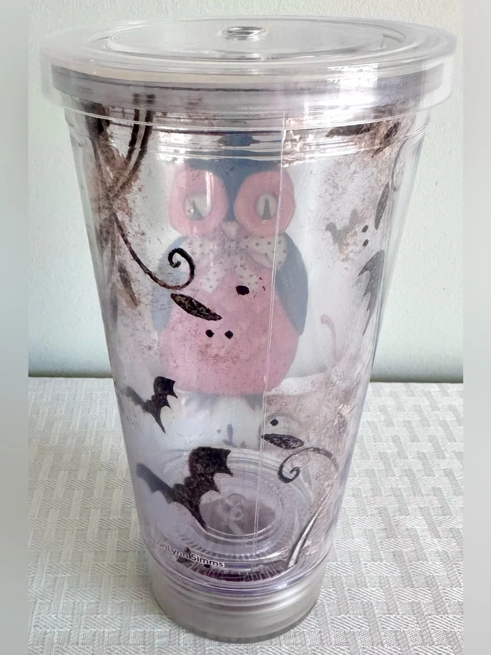 Boston Warehouse Fall Halloween Owl Tumbler Cup Clear Lid Moon Bats 7.25”